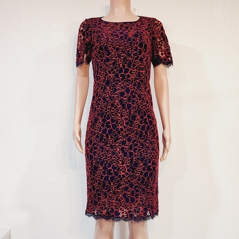 Adrianna Papell Flutter Sleeve Lace Sheath Dress Navy Blue Red Cocktail Size 4